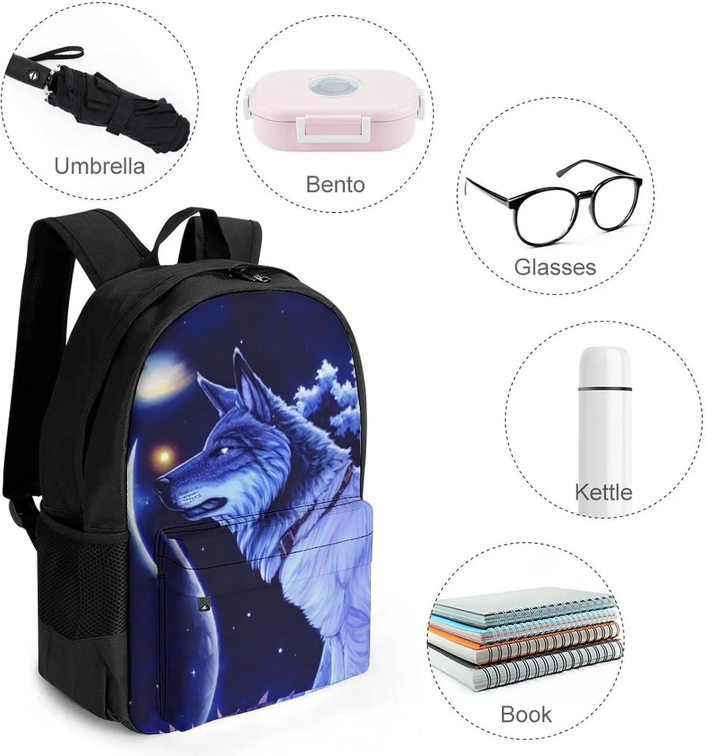 Men Women Lightweight Space Wolf In Starry Sky With Jungle And River Scenery Art Backpack Large Capacity Carry On Bag With Padded Straps for Sports Work Walking Cycling