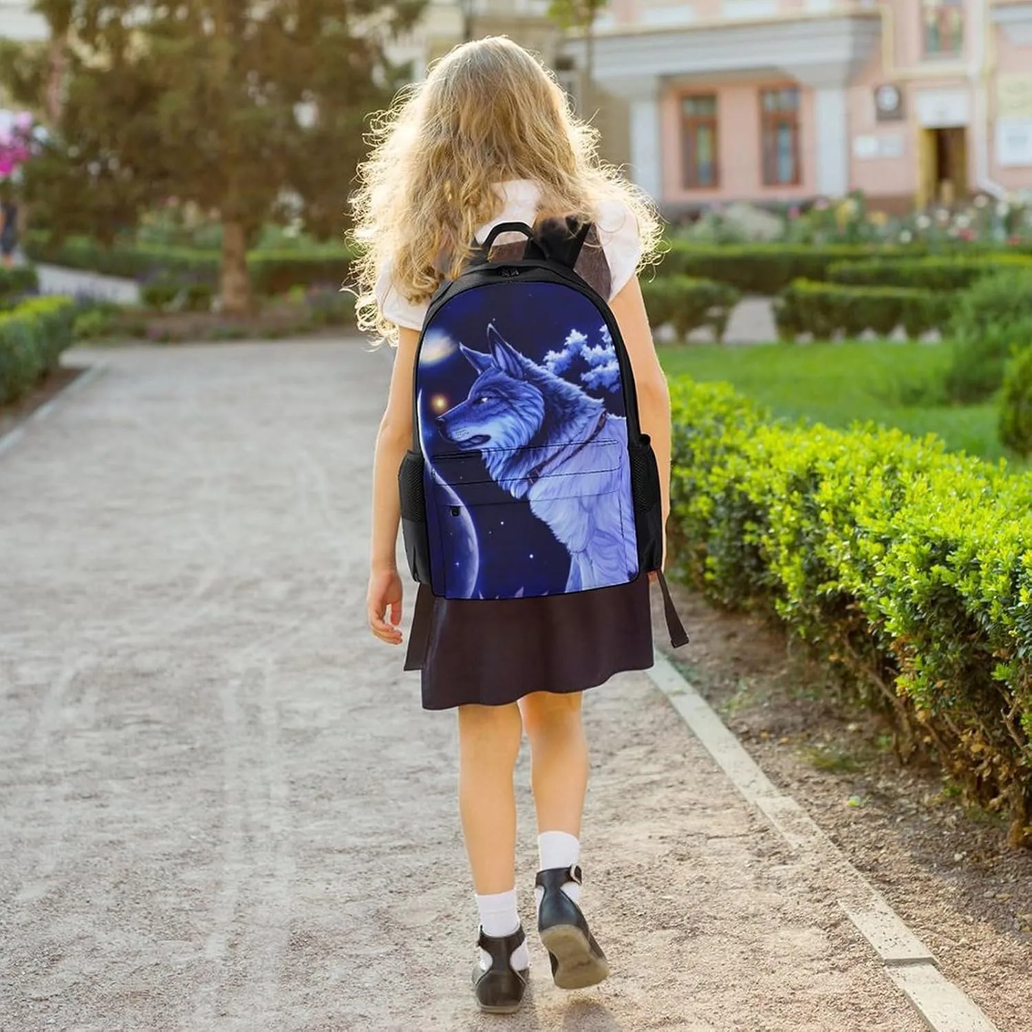 Men Women Lightweight Space Wolf In Starry Sky With Jungle And River Scenery Art Backpack Large Capacity Carry On Bag With Padded Straps for Sports Work Walking Cycling
