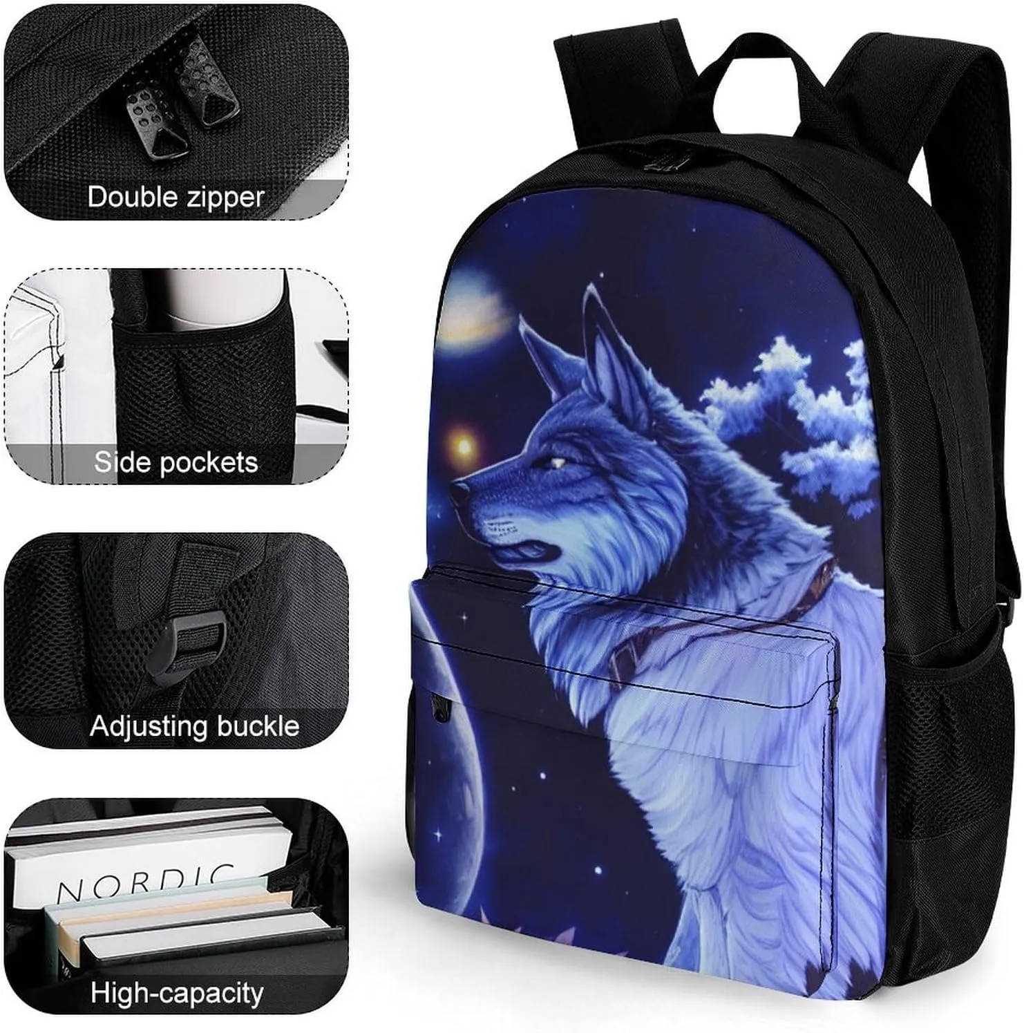 Men Women Lightweight Space Wolf In Starry Sky With Jungle And River Scenery Art Backpack Large Capacity Carry On Bag With Padded Straps for Sports Work Walking Cycling
