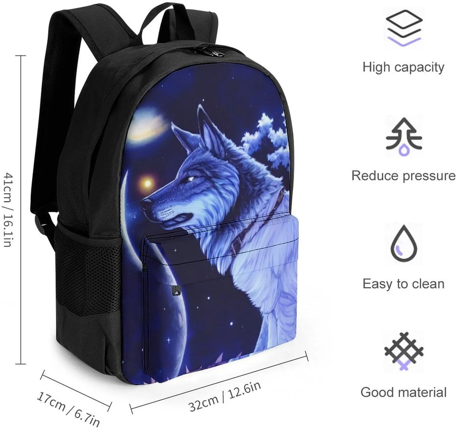 Men Women Lightweight Space Wolf In Starry Sky With Jungle And River Scenery Art Backpack Large Capacity Carry On Bag With Padded Straps for Sports Work Walking Cycling