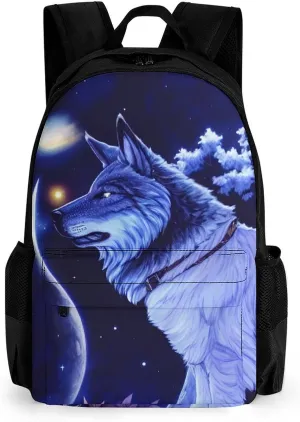 Men Women Lightweight Space Wolf In Starry Sky With Jungle And River Scenery Art Backpack Large Capacity Carry On Bag With Padded Straps for Sports Work Walking Cycling