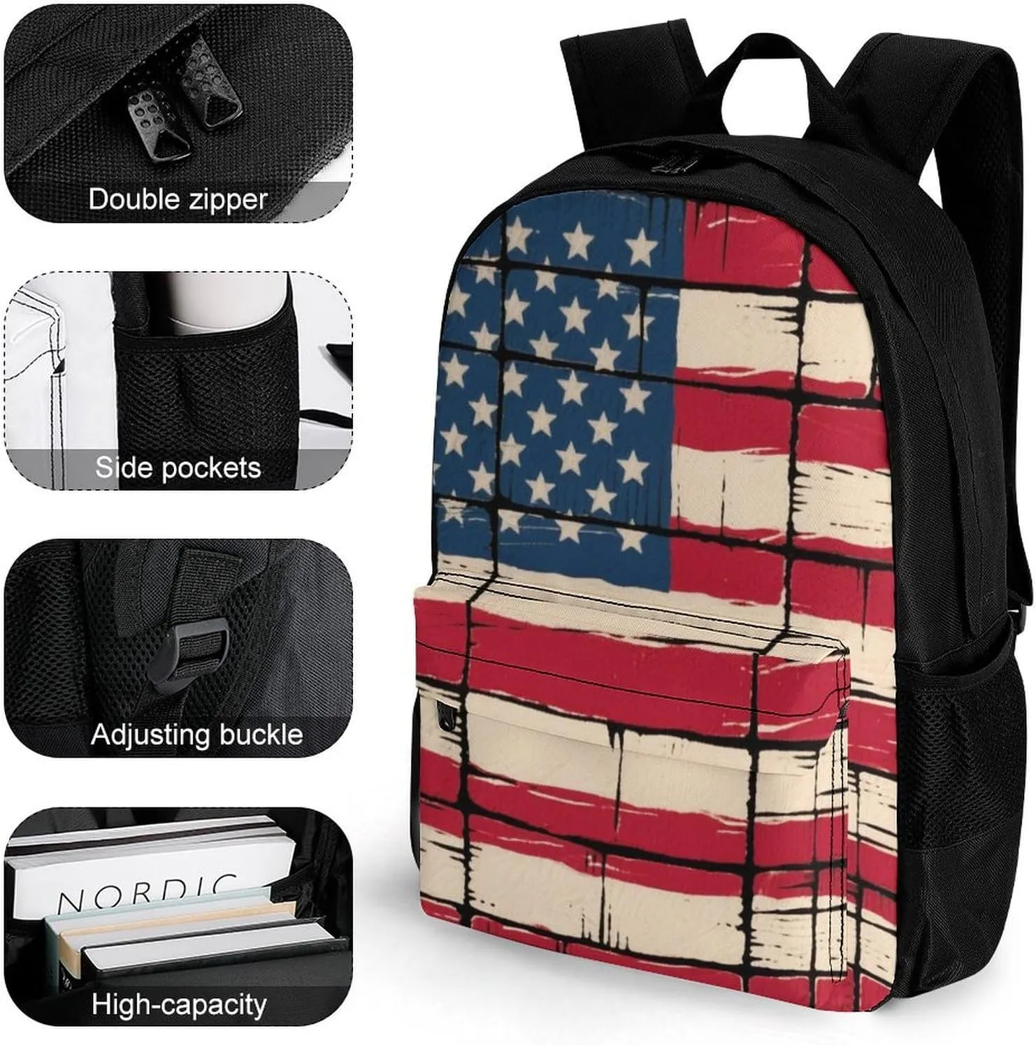 Men Women Lightweight Thin Red Line American Flag Art Backpack Large Capacity Bookbag With Smooth Zippers for Gym Business Running