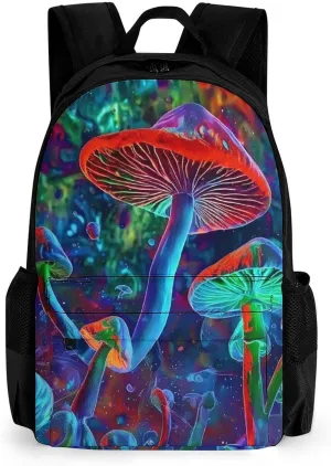 Men Women Lightweight Vibrant Glowing Mushrooms Psychedelic Art Daypack Bookbag Big Capacity Carry On Bag With Side Pockets for Camping Travel Bicycle