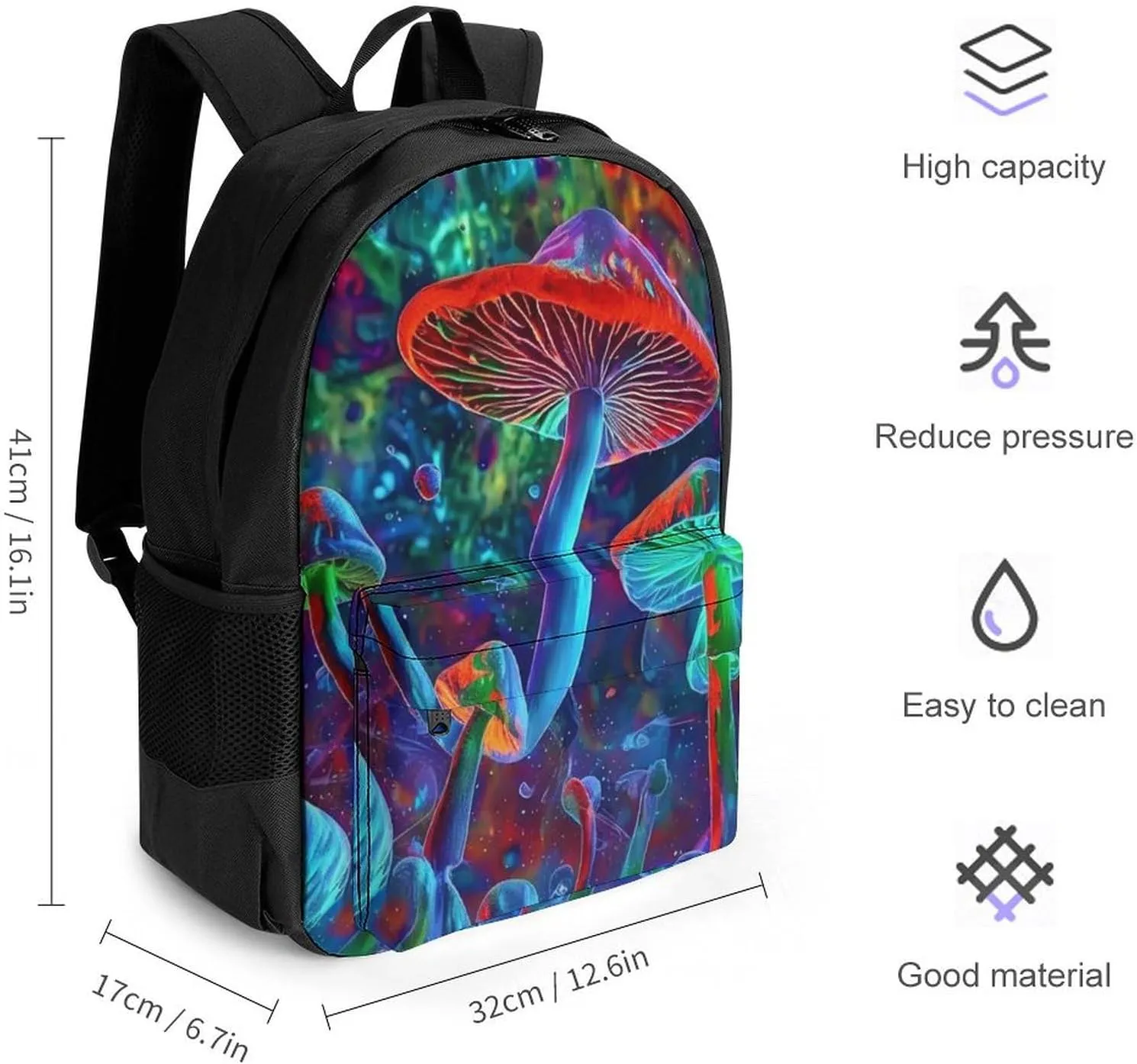 Men Women Lightweight Vibrant Glowing Mushrooms Psychedelic Art Daypack Bookbag Big Capacity Carry On Bag With Side Pockets for Camping Travel Bicycle