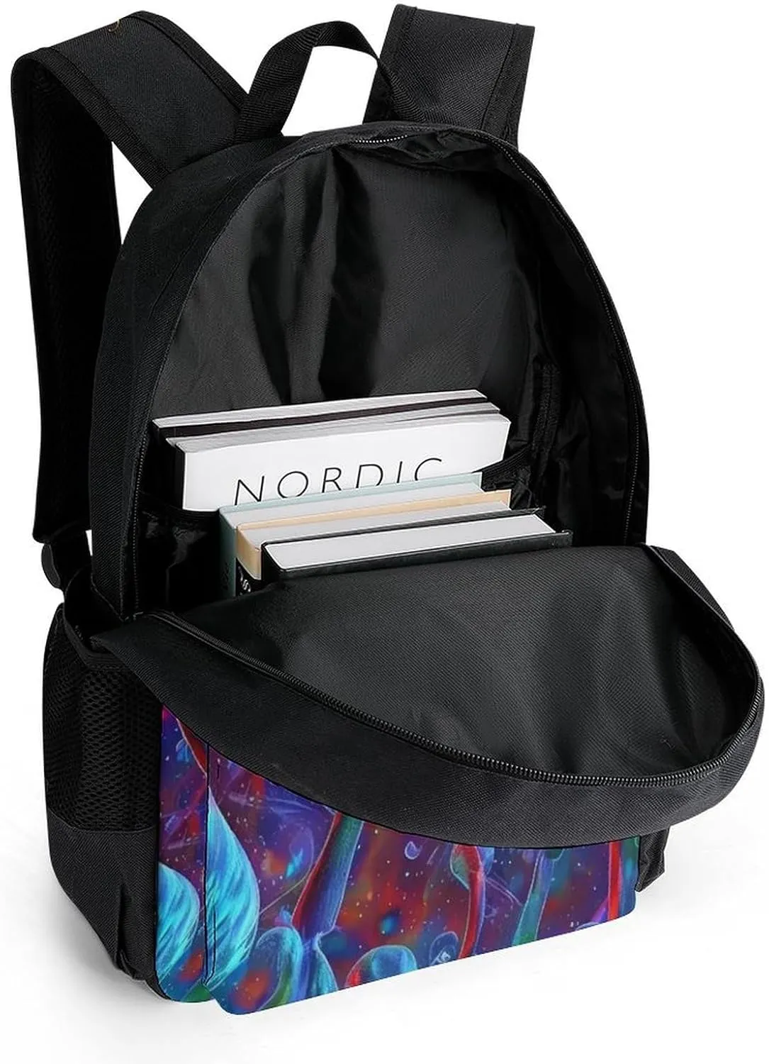 Men Women Lightweight Vibrant Glowing Mushrooms Psychedelic Art Daypack Bookbag Big Capacity Carry On Bag With Side Pockets for Camping Travel Bicycle