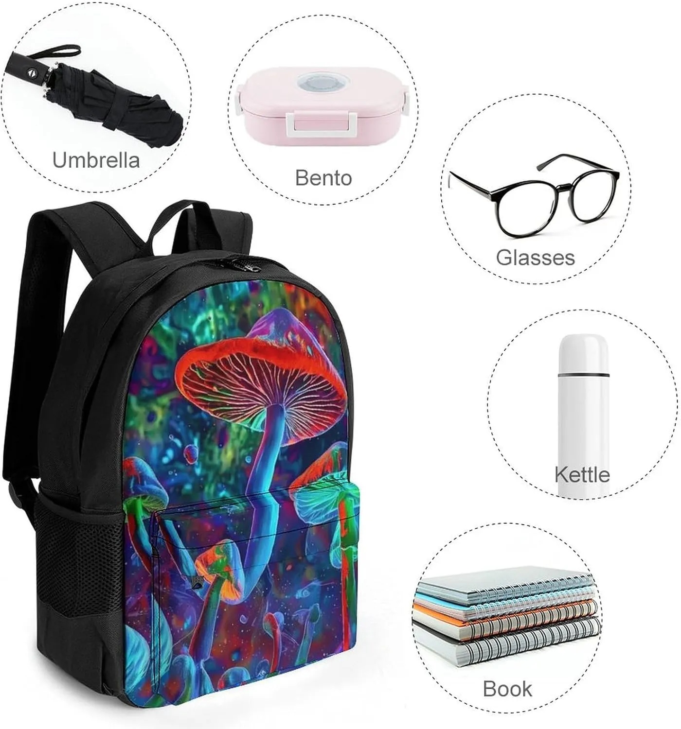 Men Women Lightweight Vibrant Glowing Mushrooms Psychedelic Art Daypack Bookbag Big Capacity Carry On Bag With Side Pockets for Camping Travel Bicycle