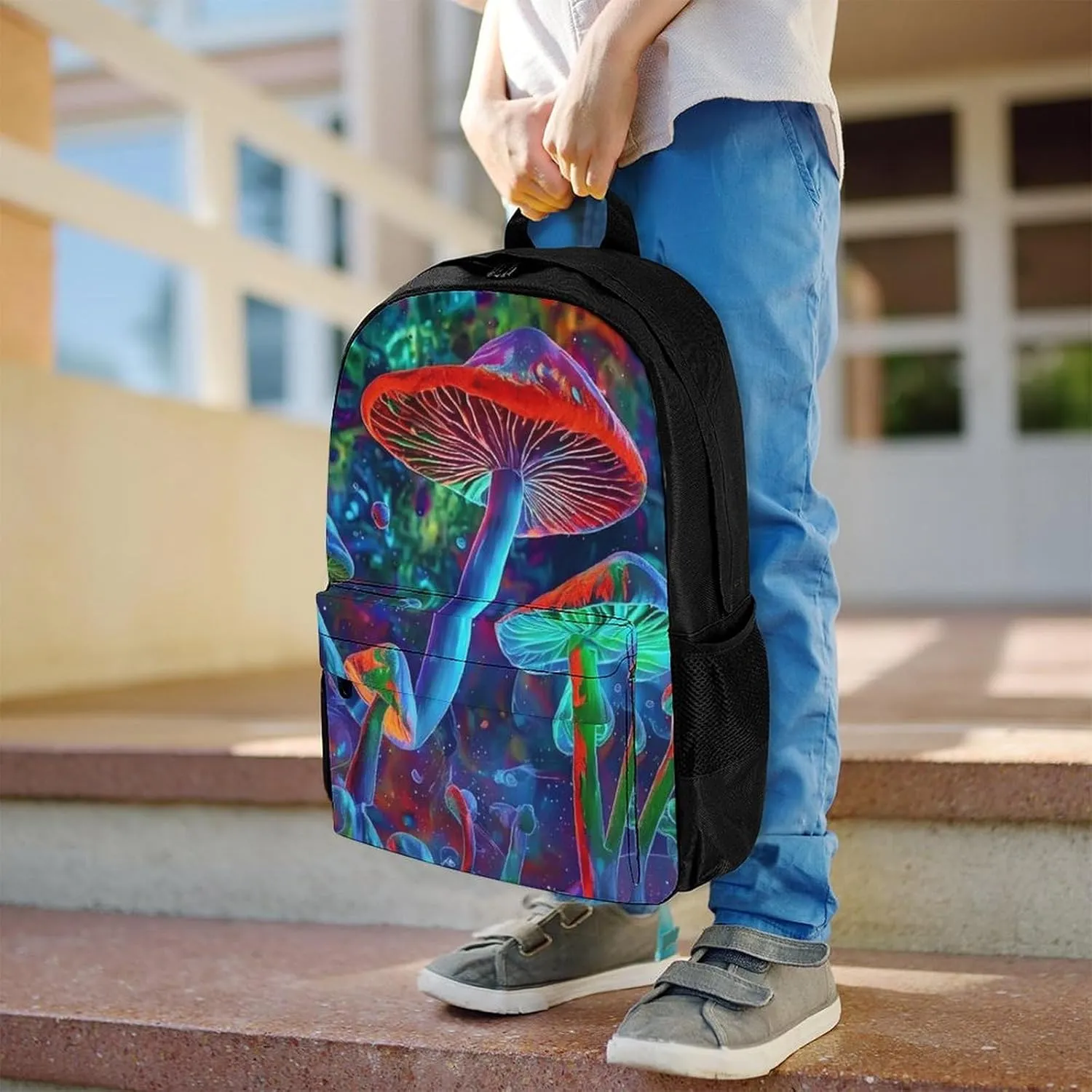 Men Women Lightweight Vibrant Glowing Mushrooms Psychedelic Art Daypack Bookbag Big Capacity Carry On Bag With Side Pockets for Camping Travel Bicycle