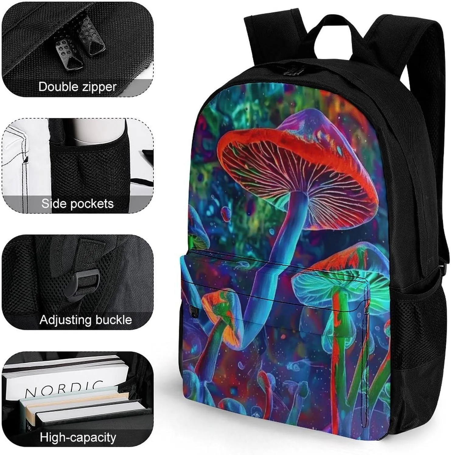Men Women Lightweight Vibrant Glowing Mushrooms Psychedelic Art Daypack Bookbag Big Capacity Carry On Bag With Side Pockets for Camping Travel Bicycle