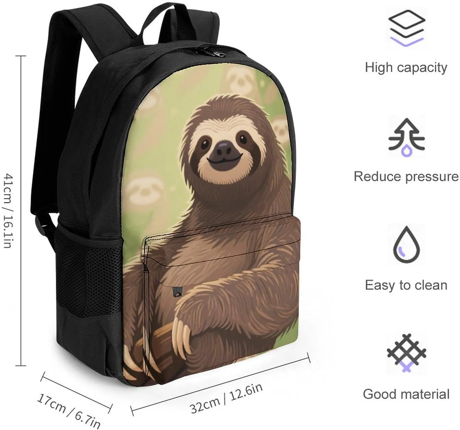 Men Women Polyester Animals Sloth Art Daypack Backpack Large Capacity Carry On Bag With Smooth Zippers for Hiking Picnic Walking Cycling