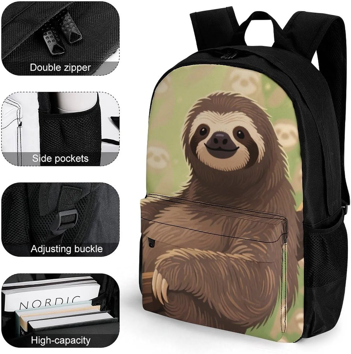 Men Women Polyester Animals Sloth Art Daypack Backpack Large Capacity Carry On Bag With Smooth Zippers for Hiking Picnic Walking Cycling