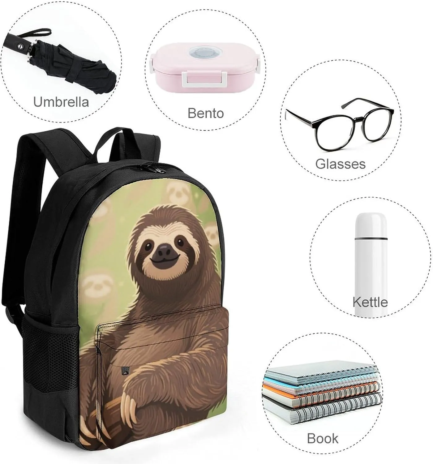 Men Women Polyester Animals Sloth Art Daypack Backpack Large Capacity Carry On Bag With Smooth Zippers for Hiking Picnic Walking Cycling