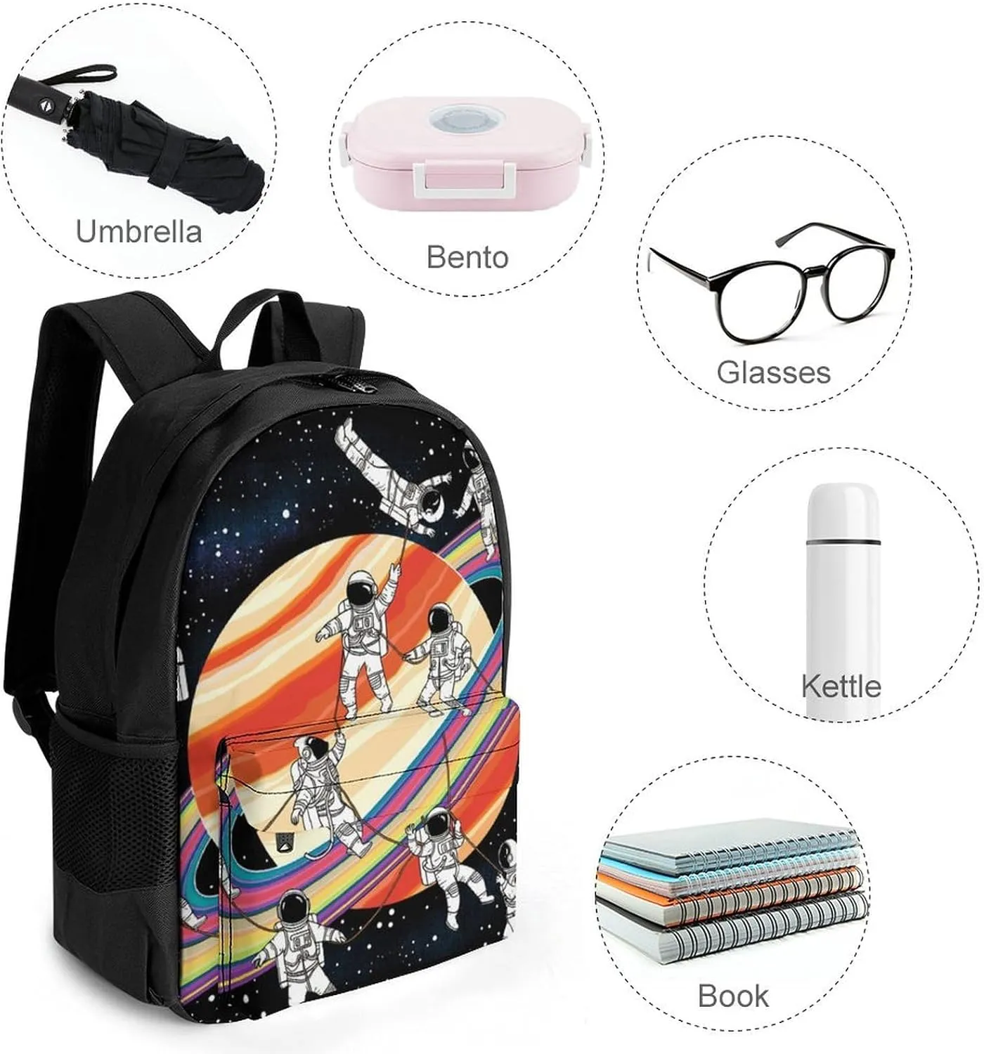 Men Women Polyester Astronauts Go Round Planet Space Art Daypack Backpack Large Capacity Carry On Bag With Smooth Zippers for Hiking Picnic Walking Cycling