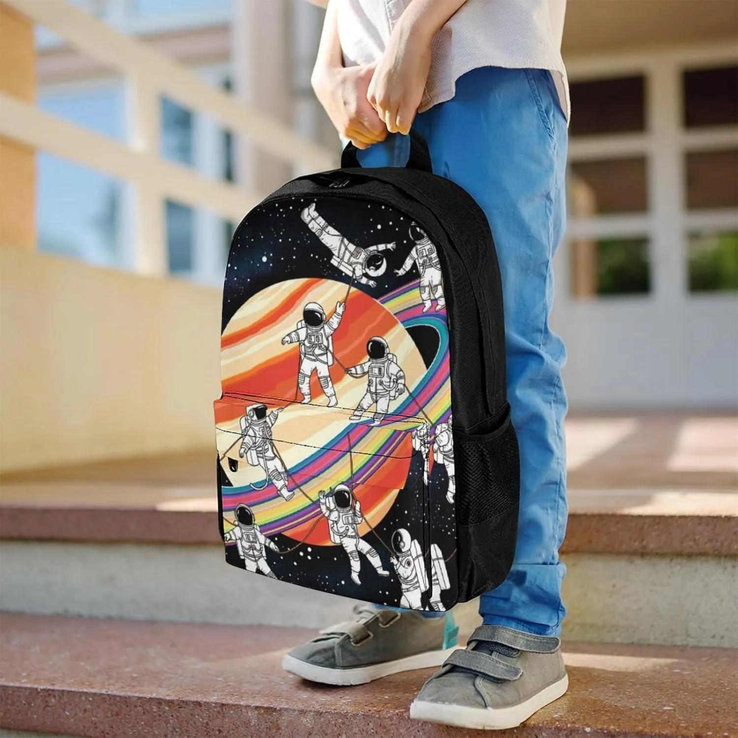 Men Women Polyester Astronauts Go Round Planet Space Art Daypack Backpack Large Capacity Carry On Bag With Smooth Zippers for Hiking Picnic Walking Cycling