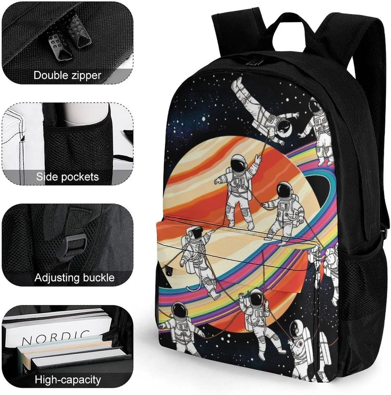 Men Women Polyester Astronauts Go Round Planet Space Art Daypack Backpack Large Capacity Carry On Bag With Smooth Zippers for Hiking Picnic Walking Cycling