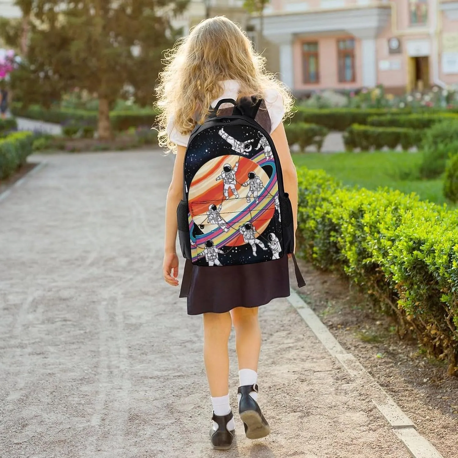 Men Women Polyester Astronauts Go Round Planet Space Art Daypack Backpack Large Capacity Carry On Bag With Smooth Zippers for Hiking Picnic Walking Cycling