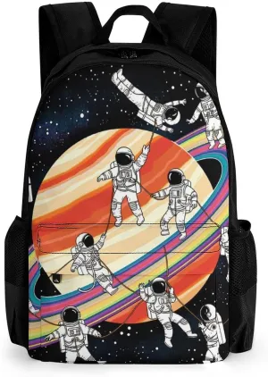 Men Women Polyester Astronauts Go Round Planet Space Art Daypack Backpack Large Capacity Carry On Bag With Smooth Zippers for Hiking Picnic Walking Cycling