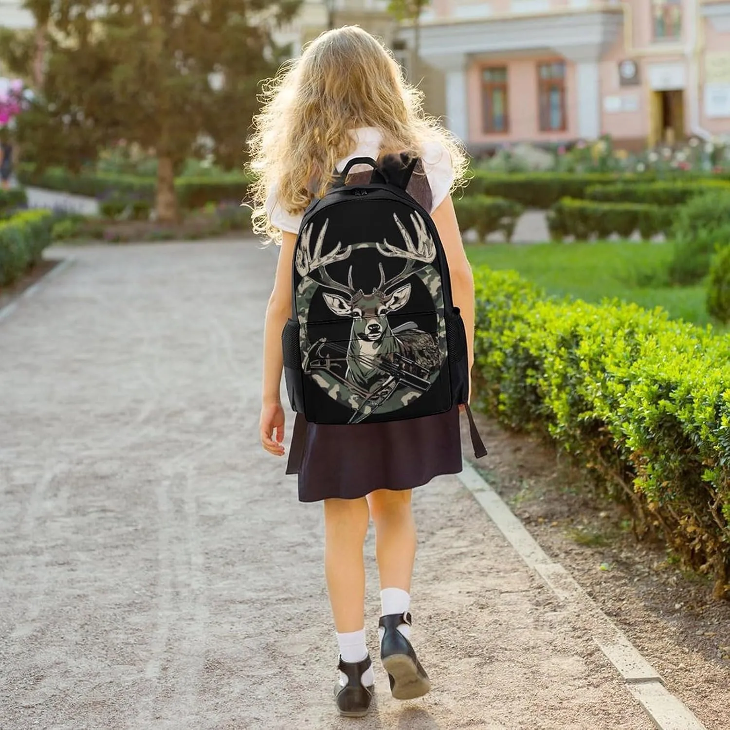 Men Women Polyester Camouflage American Flag Hunting Camo Deer Black Daypack Backpack Large Capacity Carry On Bag With Smooth Zippers for Hiking Picnic Walking Cycling