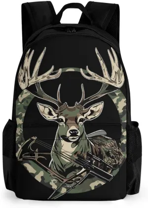 Men Women Polyester Camouflage American Flag Hunting Camo Deer Black Daypack Backpack Large Capacity Carry On Bag With Smooth Zippers for Hiking Picnic Walking Cycling