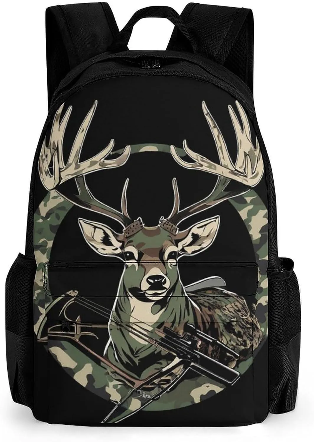 Men Women Polyester Camouflage American Flag Hunting Camo Deer Black Daypack Backpack Large Capacity Carry On Bag With Smooth Zippers for Hiking Picnic Walking Cycling