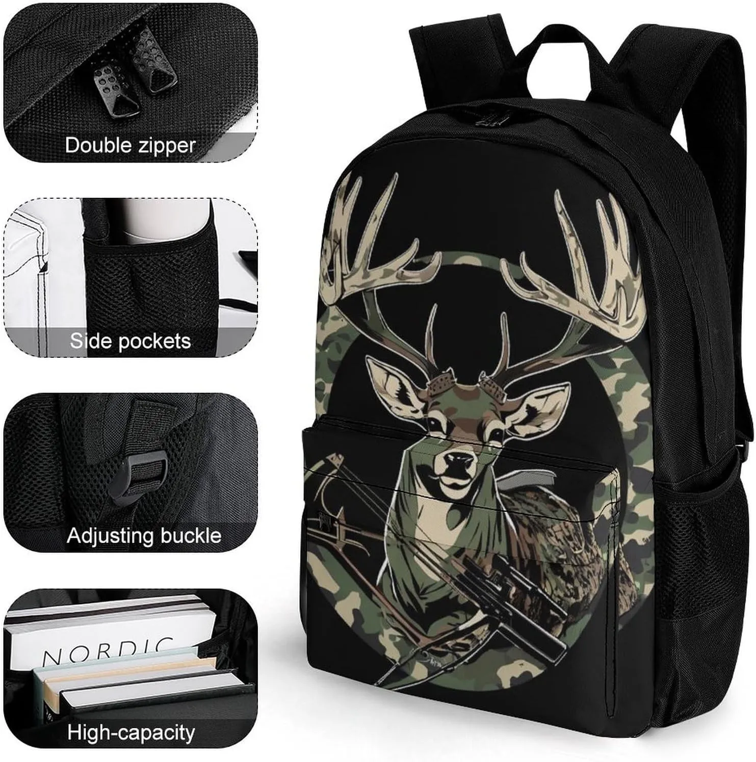 Men Women Polyester Camouflage American Flag Hunting Camo Deer Black Daypack Backpack Large Capacity Carry On Bag With Smooth Zippers for Hiking Picnic Walking Cycling