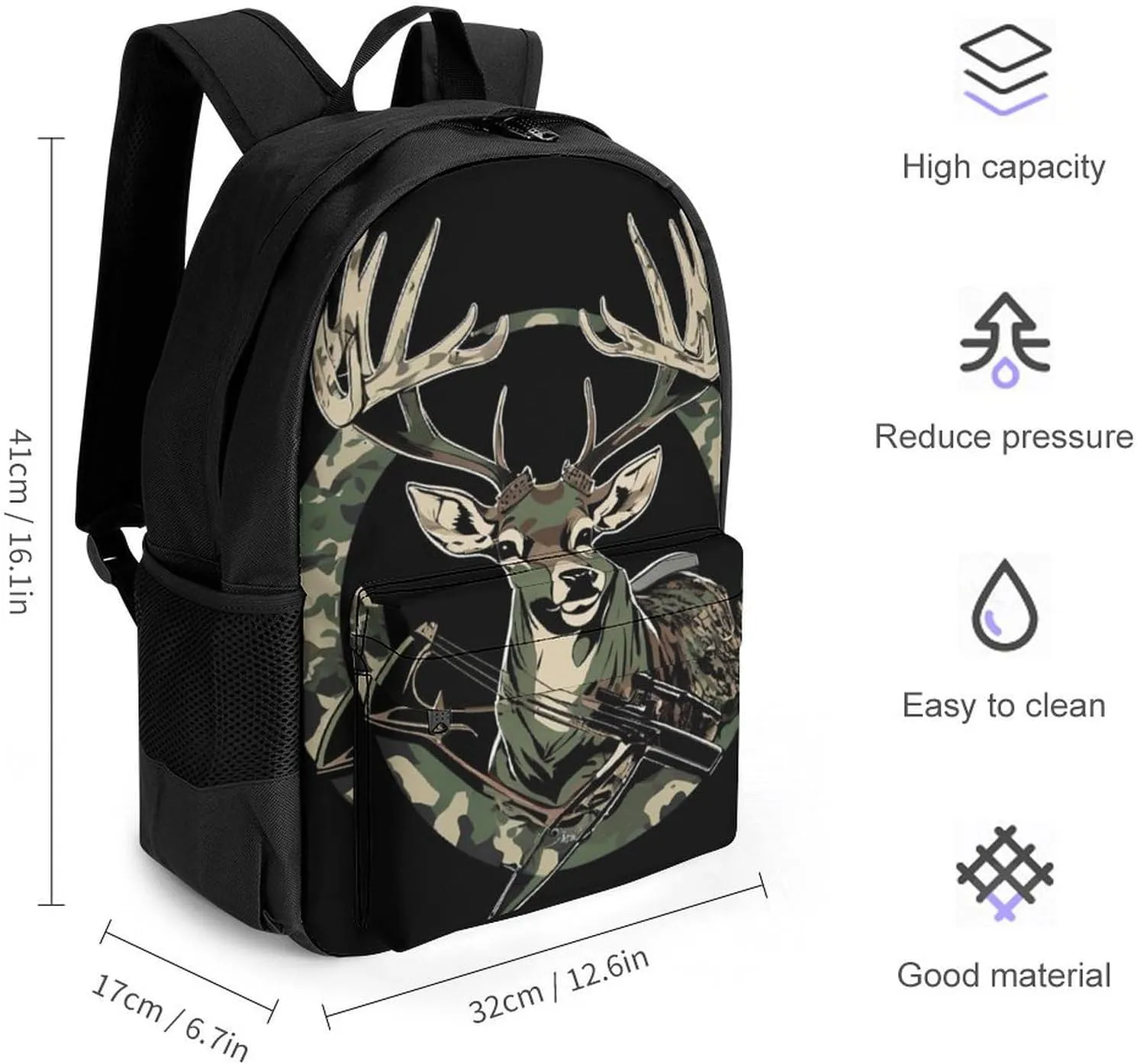 Men Women Polyester Camouflage American Flag Hunting Camo Deer Black Daypack Backpack Large Capacity Carry On Bag With Smooth Zippers for Hiking Picnic Walking Cycling