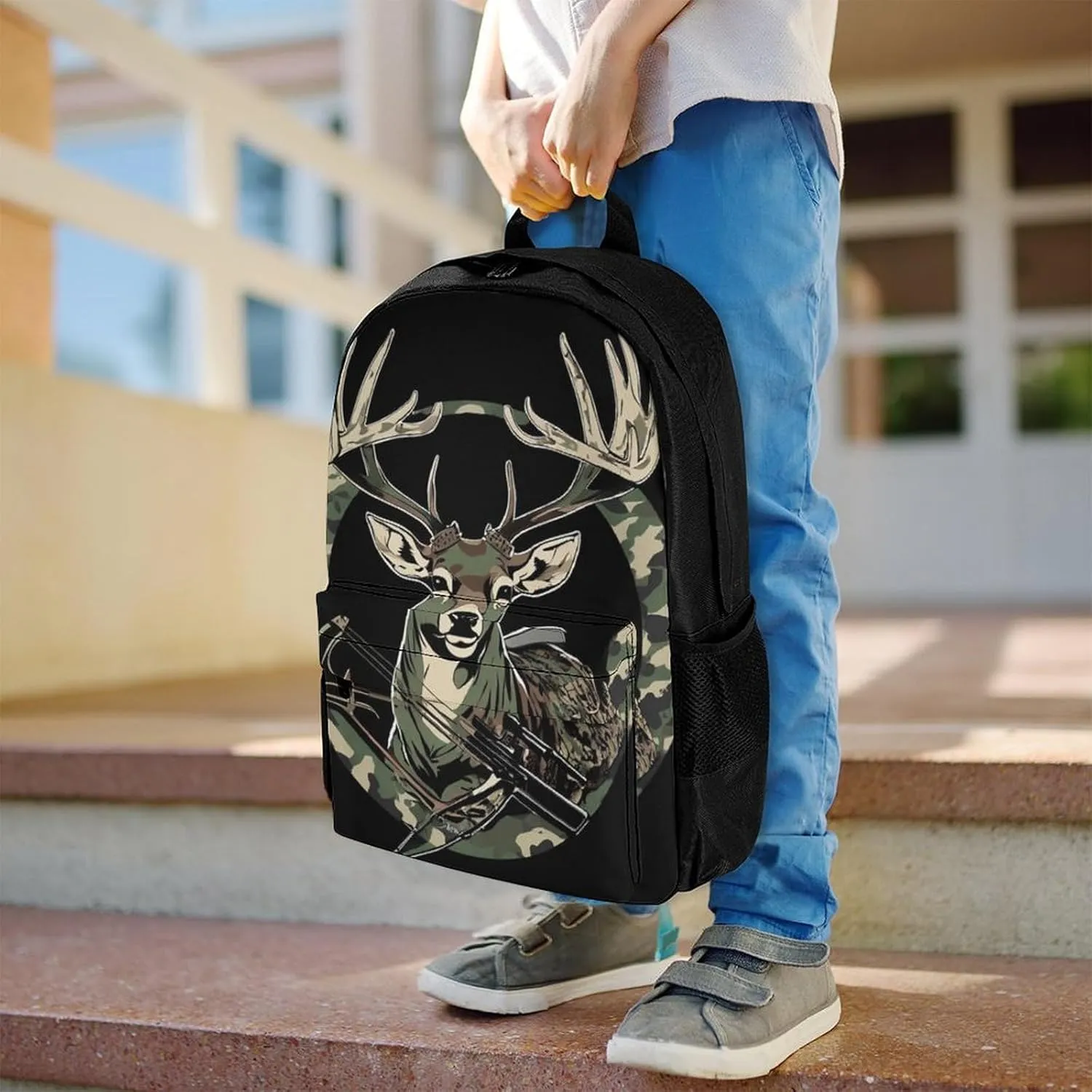 Men Women Polyester Camouflage American Flag Hunting Camo Deer Black Daypack Backpack Large Capacity Carry On Bag With Smooth Zippers for Hiking Picnic Walking Cycling