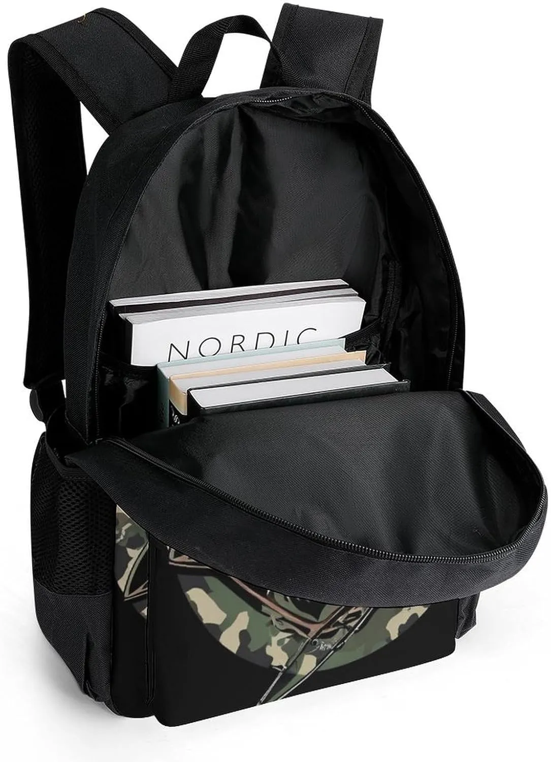 Men Women Polyester Camouflage American Flag Hunting Camo Deer Black Daypack Backpack Large Capacity Carry On Bag With Smooth Zippers for Hiking Picnic Walking Cycling