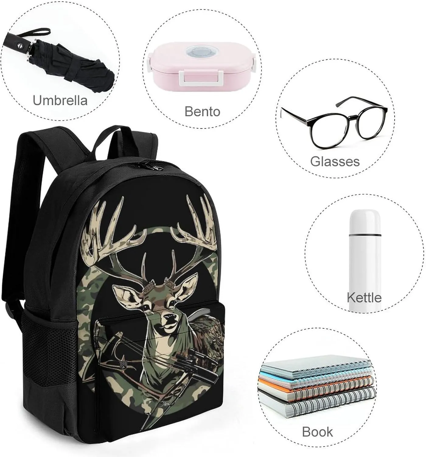 Men Women Polyester Camouflage American Flag Hunting Camo Deer Black Daypack Backpack Large Capacity Carry On Bag With Smooth Zippers for Hiking Picnic Walking Cycling