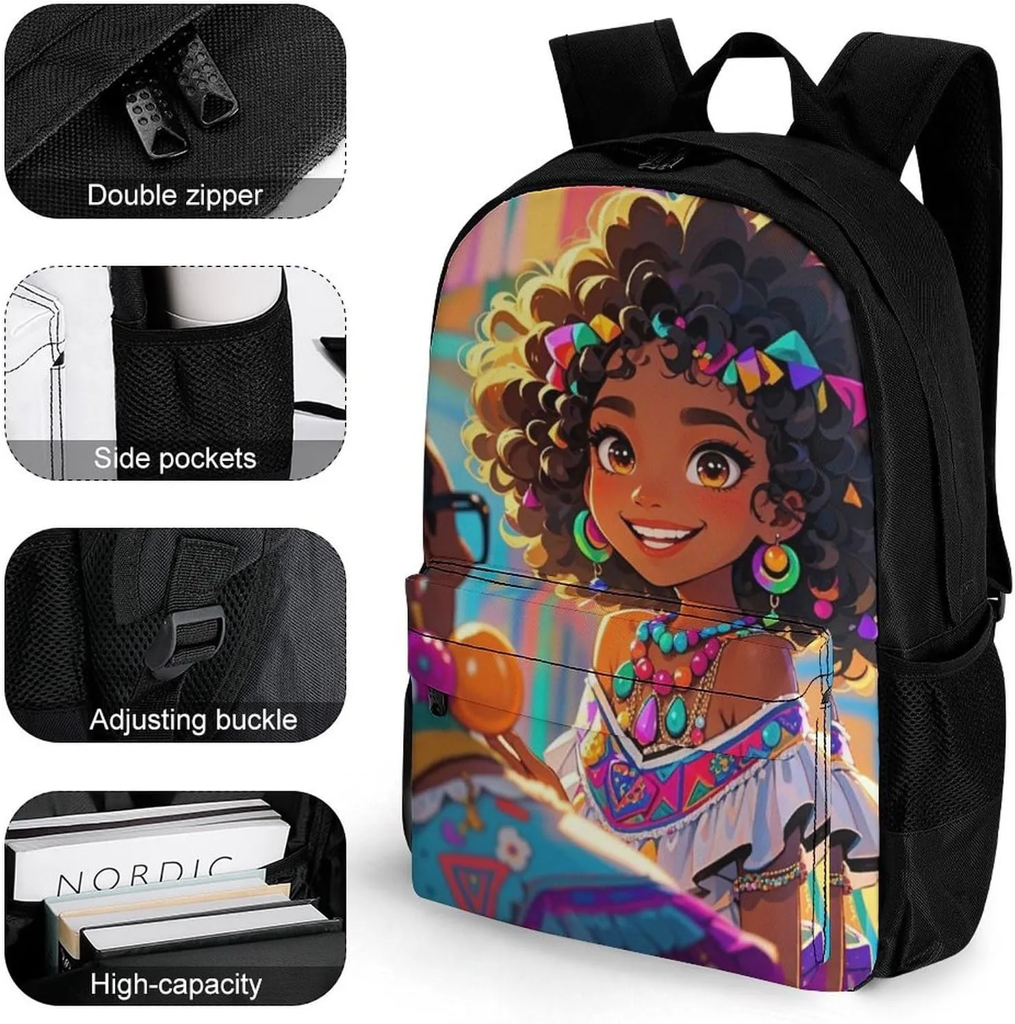 Men Women Polyester Chic Cartoon Black Woman African American Woman Art Daypack Big Capacity Shoulder Bag With Smooth Zippers for Hiking Work Walking Cycling
