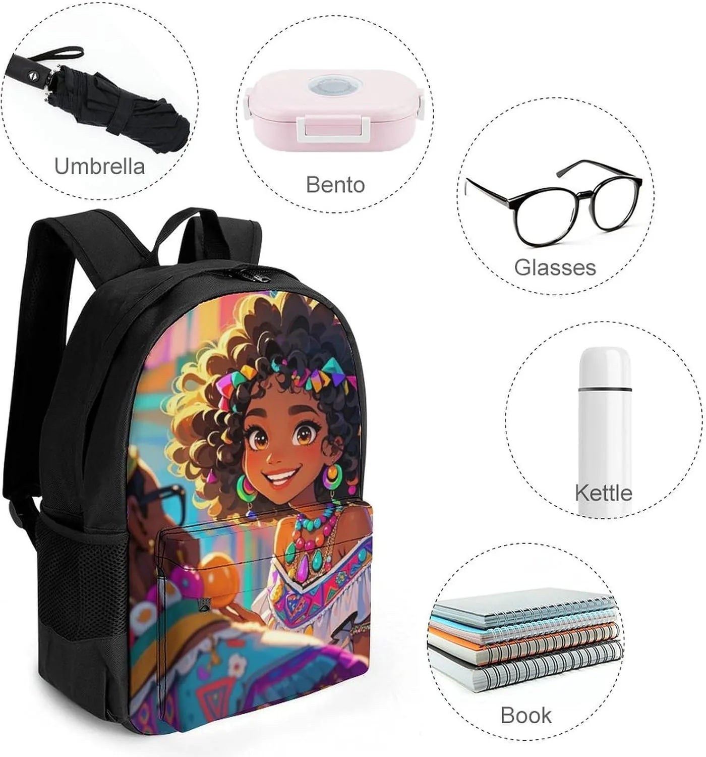 Men Women Polyester Chic Cartoon Black Woman African American Woman Art Daypack Big Capacity Shoulder Bag With Smooth Zippers for Hiking Work Walking Cycling