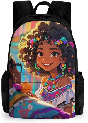 Men Women Polyester Chic Cartoon Black Woman African American Woman Art Daypack Big Capacity Shoulder Bag With Smooth Zippers for Hiking Work Walking Cycling