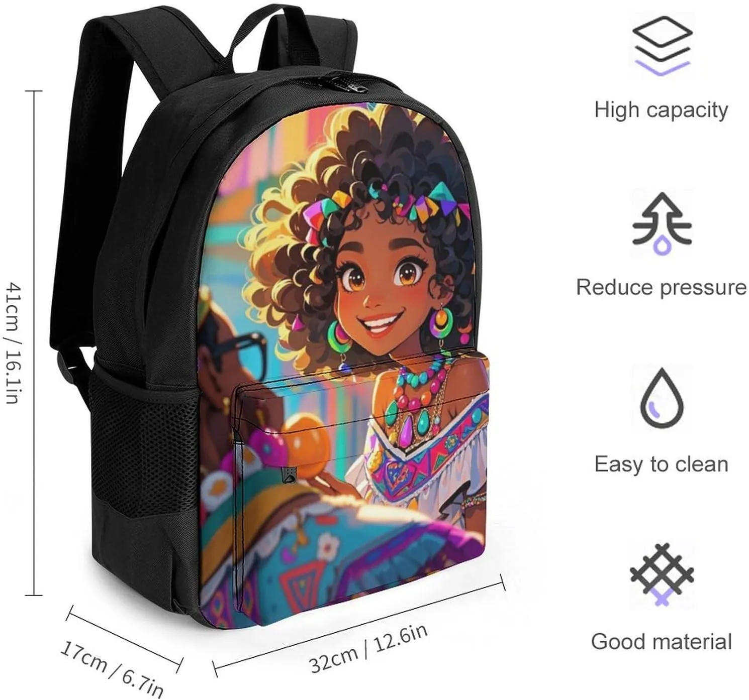 Men Women Polyester Chic Cartoon Black Woman African American Woman Art Daypack Big Capacity Shoulder Bag With Smooth Zippers for Hiking Work Walking Cycling