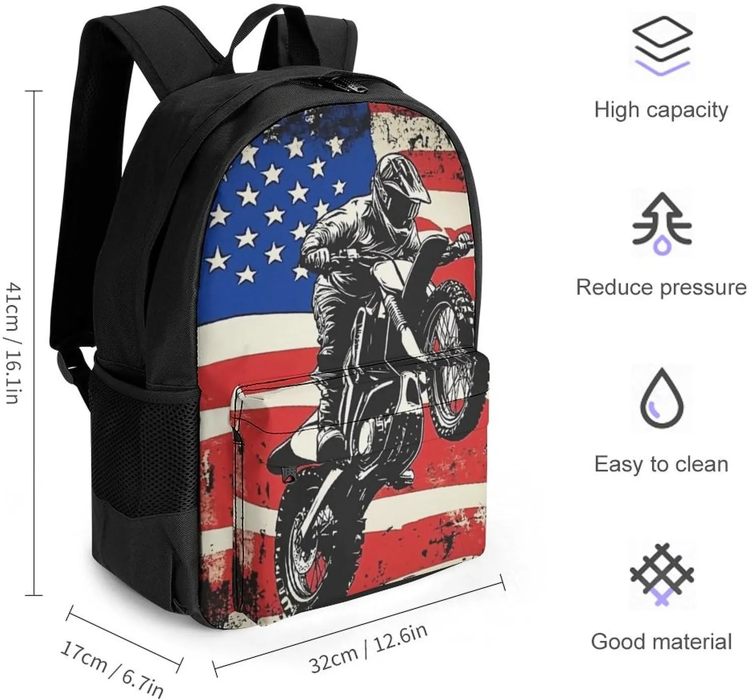 Men Women Polyester Dirt Bike Motocross American Flag Casual Daypack Large Capacity Carry On Bag With Adjustable Shoulder Straps for Camping Work Running