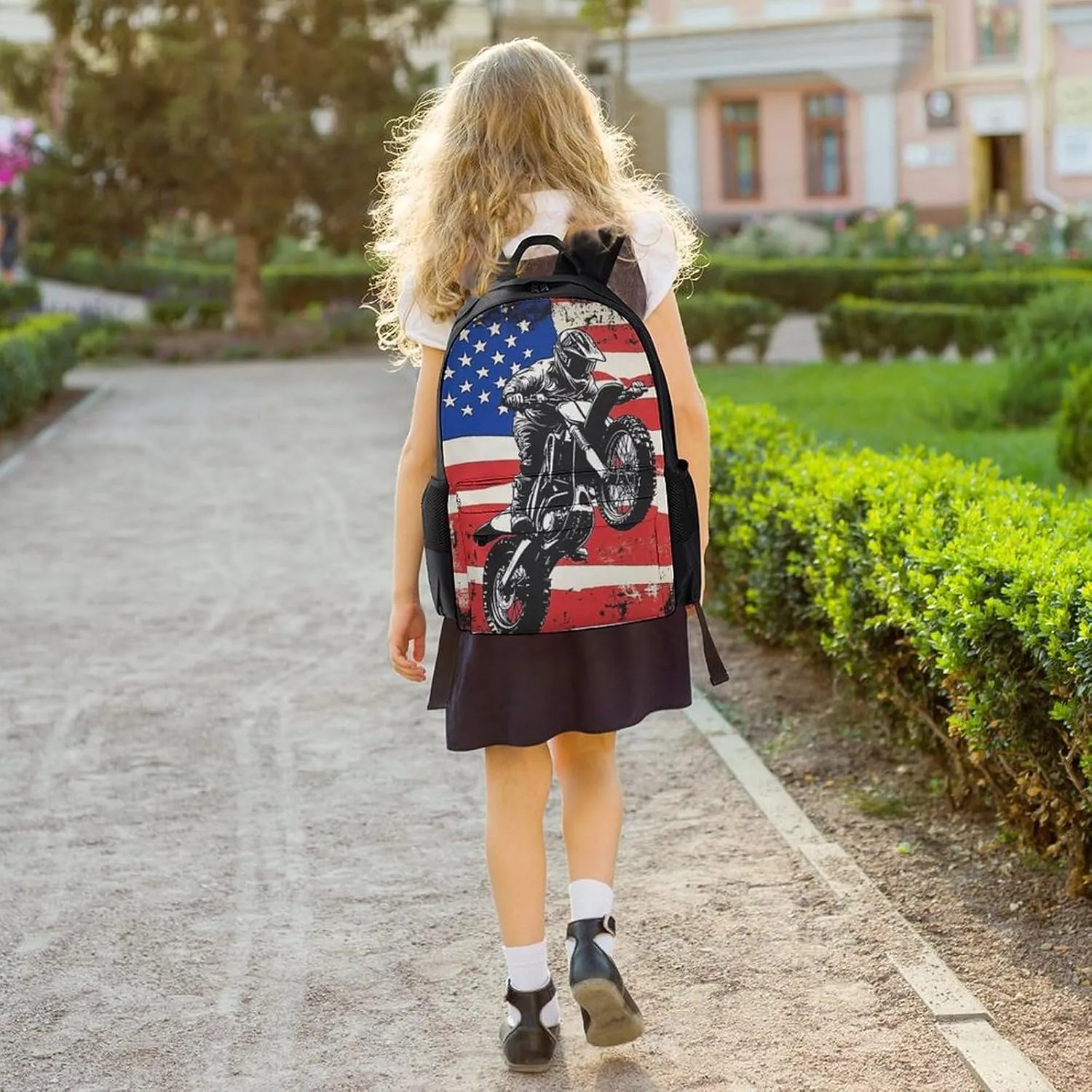 Men Women Polyester Dirt Bike Motocross American Flag Casual Daypack Large Capacity Carry On Bag With Adjustable Shoulder Straps for Camping Work Running