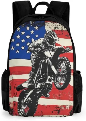 Men Women Polyester Dirt Bike Motocross American Flag Casual Daypack Large Capacity Carry On Bag With Adjustable Shoulder Straps for Camping Work Running