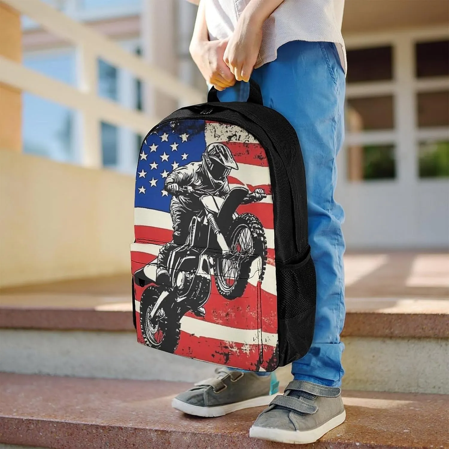 Men Women Polyester Dirt Bike Motocross American Flag Casual Daypack Large Capacity Carry On Bag With Adjustable Shoulder Straps for Camping Work Running