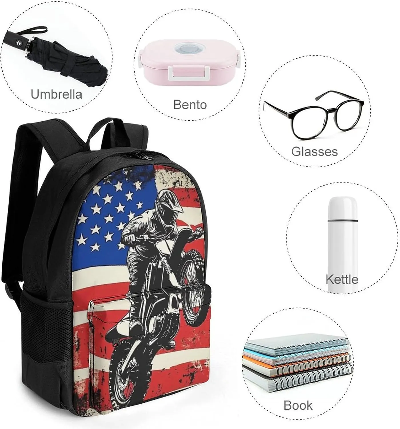 Men Women Polyester Dirt Bike Motocross American Flag Casual Daypack Large Capacity Carry On Bag With Adjustable Shoulder Straps for Camping Work Running
