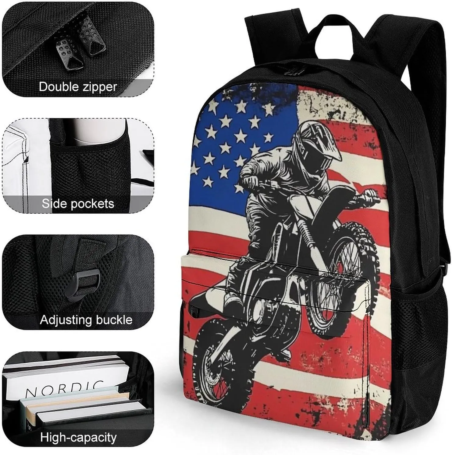 Men Women Polyester Dirt Bike Motocross American Flag Casual Daypack Large Capacity Carry On Bag With Adjustable Shoulder Straps for Camping Work Running