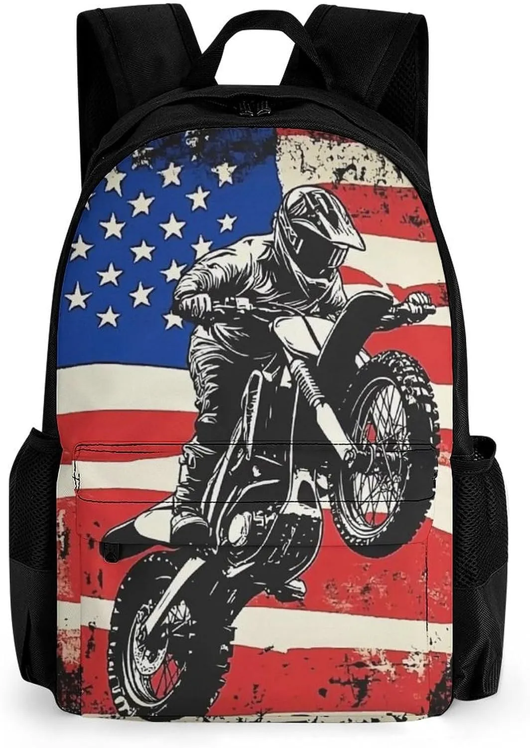 Men Women Polyester Dirt Bike Motocross American Flag Casual Daypack Large Capacity Carry On Bag With Adjustable Shoulder Straps for Camping Work Running