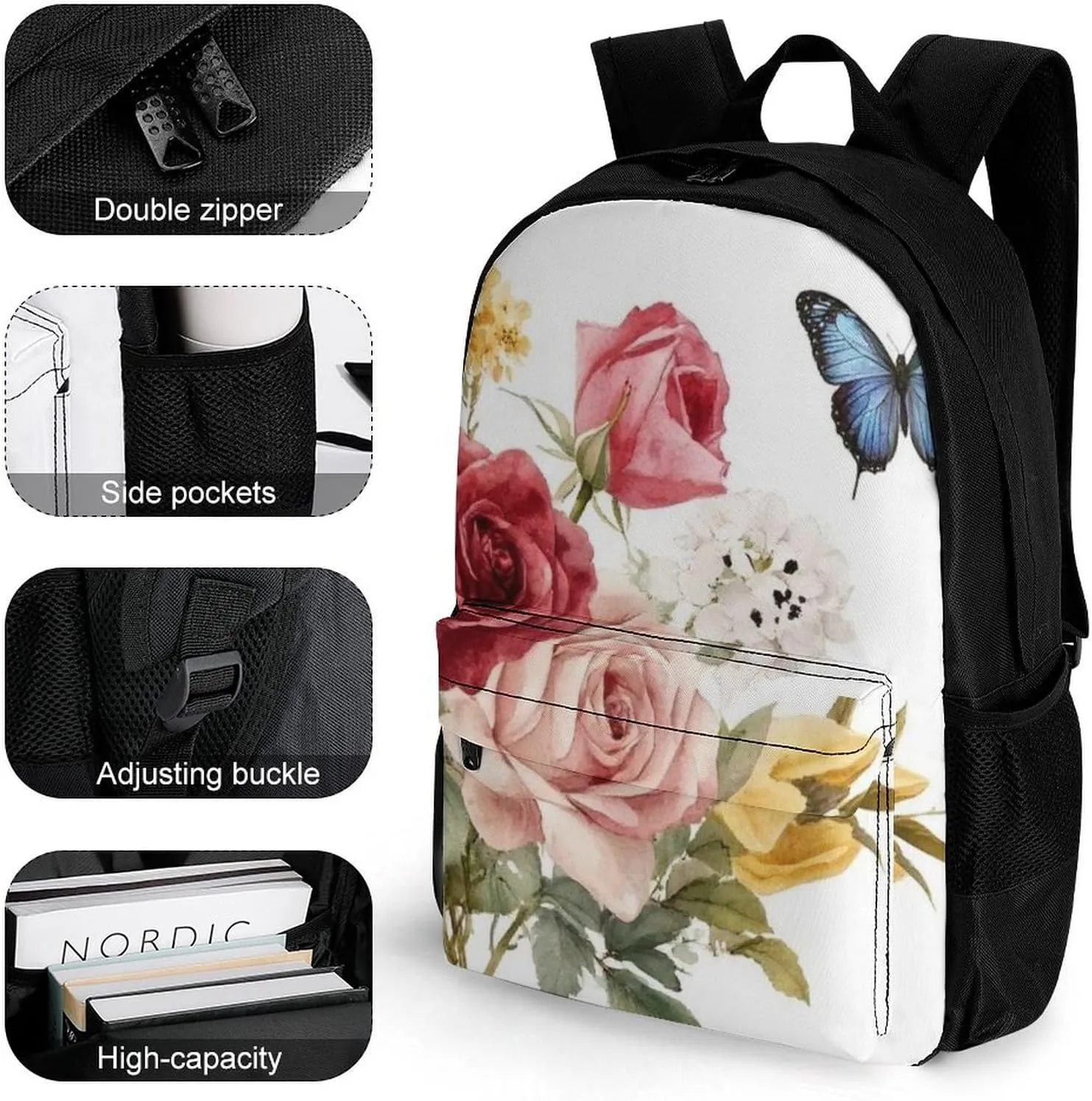 Men Women Polyester Flower Shabby Chic Roses Buds Leaves Tulips Floral Butterfly Daypack Big Capacity Shoulder Bag With Smooth Zippers for Hiking Work Walking Cycling