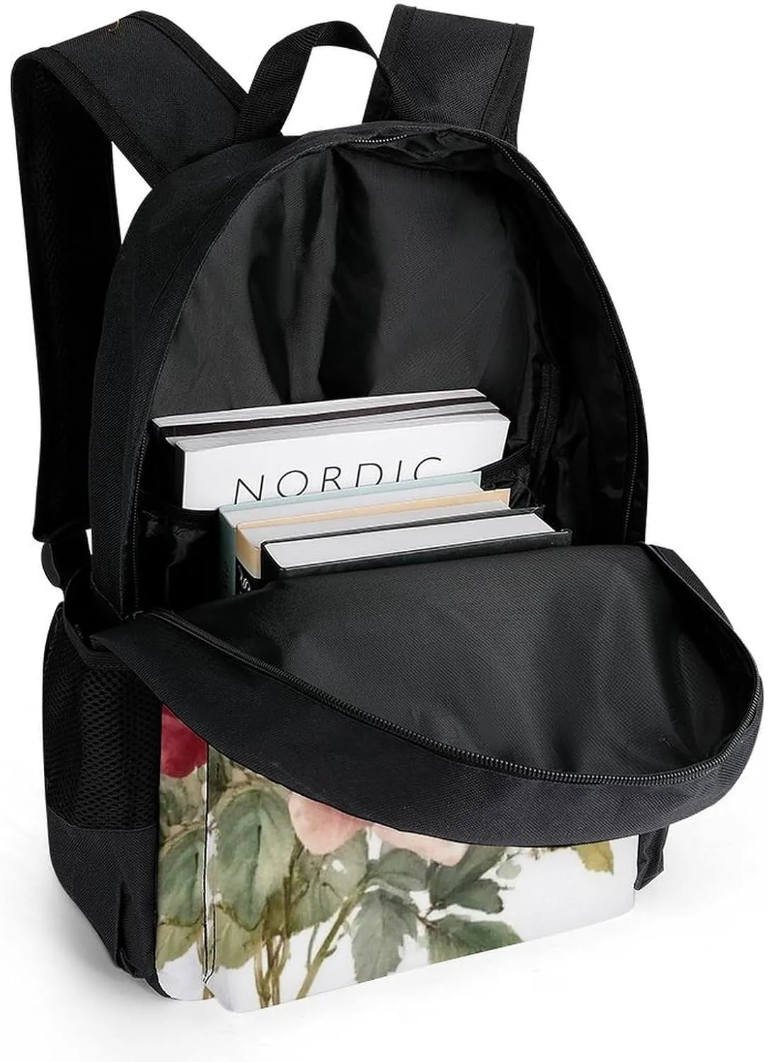 Men Women Polyester Flower Shabby Chic Roses Buds Leaves Tulips Floral Butterfly Daypack Big Capacity Shoulder Bag With Smooth Zippers for Hiking Work Walking Cycling