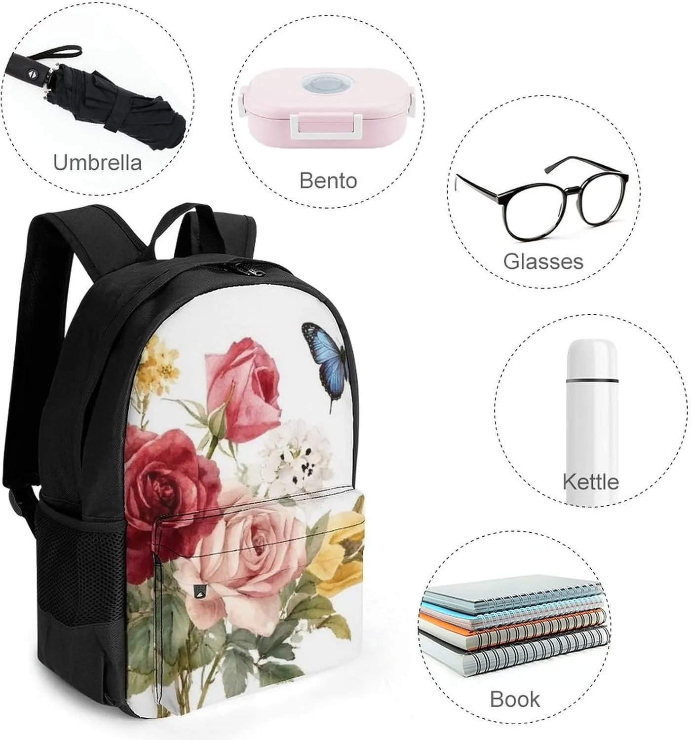 Men Women Polyester Flower Shabby Chic Roses Buds Leaves Tulips Floral Butterfly Daypack Big Capacity Shoulder Bag With Smooth Zippers for Hiking Work Walking Cycling