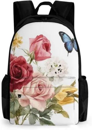 Men Women Polyester Flower Shabby Chic Roses Buds Leaves Tulips Floral Butterfly Daypack Big Capacity Shoulder Bag With Smooth Zippers for Hiking Work Walking Cycling