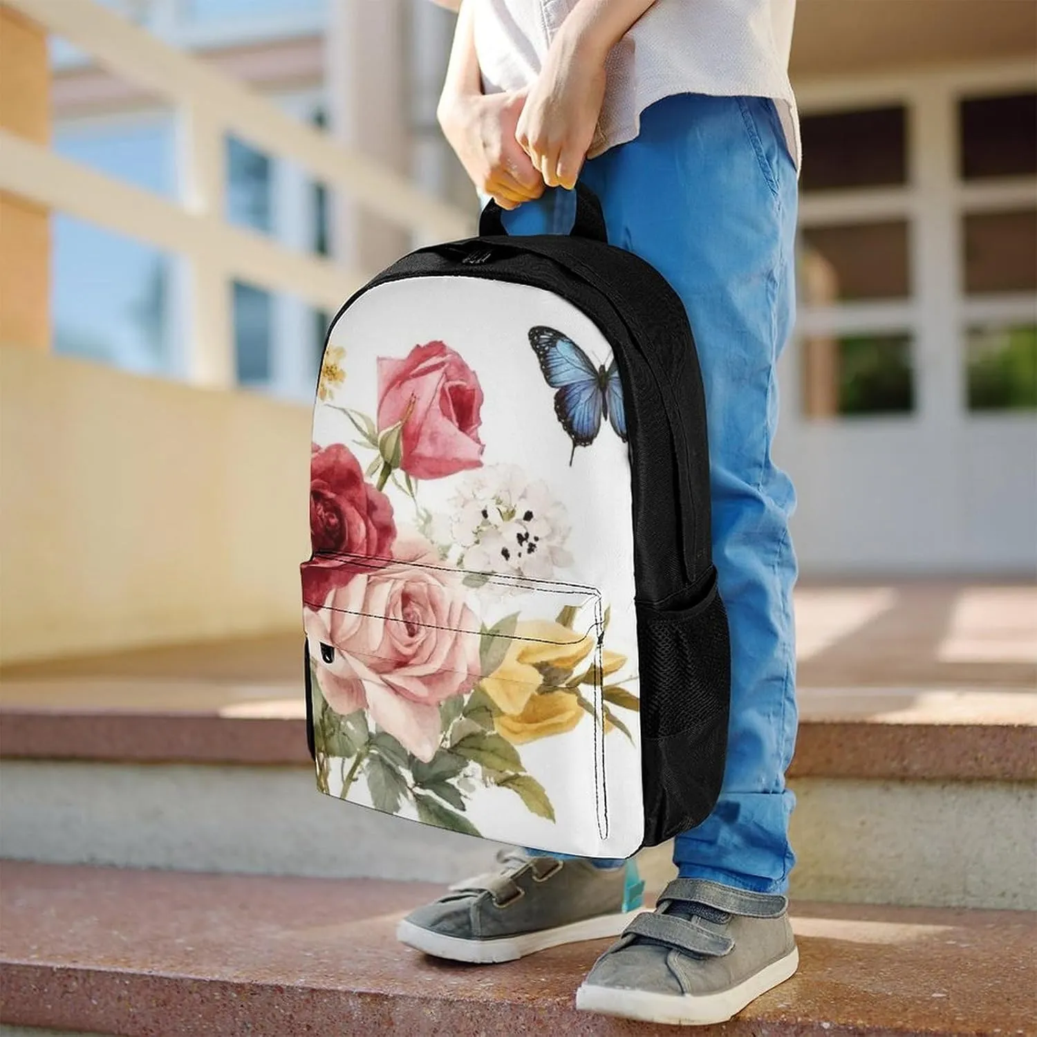 Men Women Polyester Flower Shabby Chic Roses Buds Leaves Tulips Floral Butterfly Daypack Big Capacity Shoulder Bag With Smooth Zippers for Hiking Work Walking Cycling
