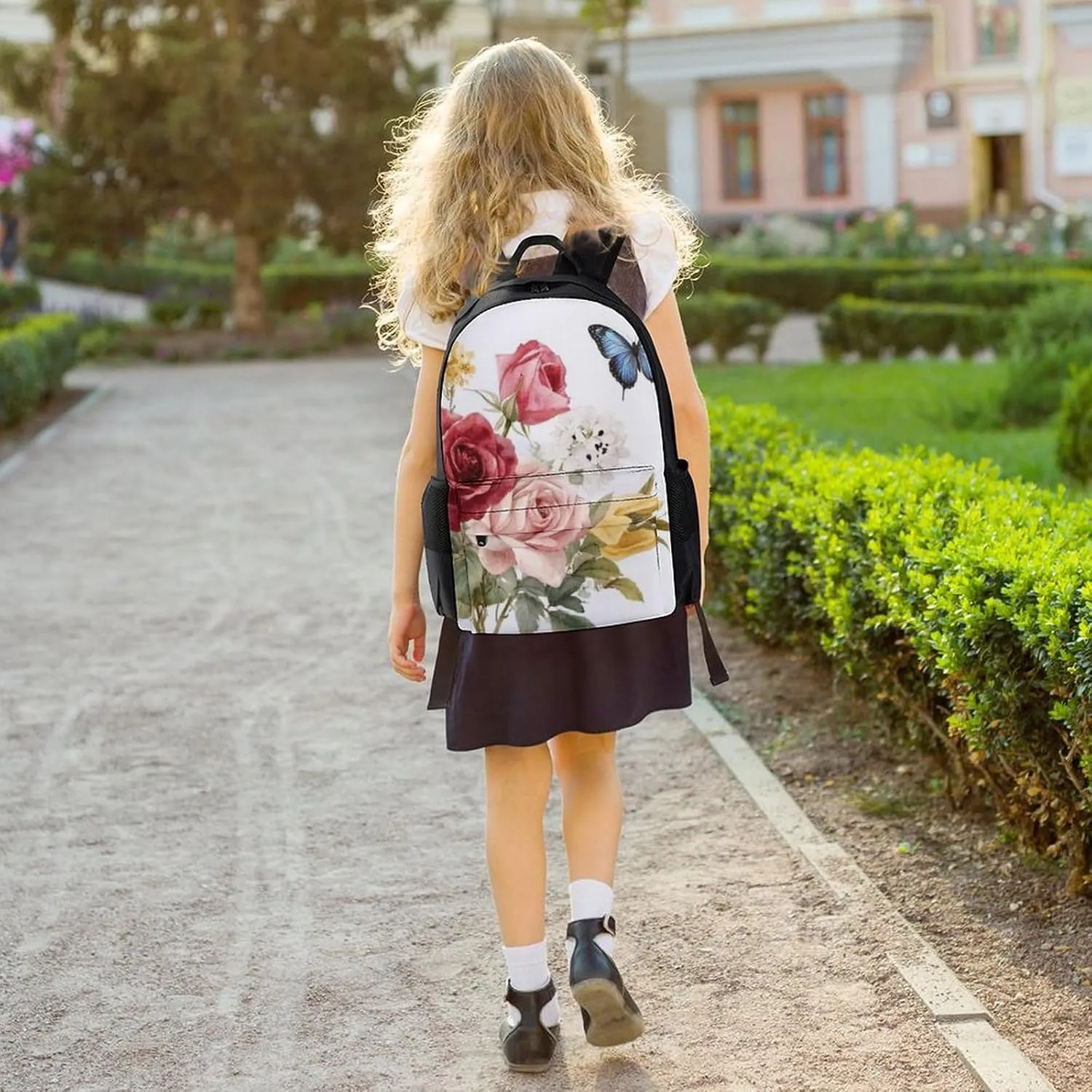Men Women Polyester Flower Shabby Chic Roses Buds Leaves Tulips Floral Butterfly Daypack Big Capacity Shoulder Bag With Smooth Zippers for Hiking Work Walking Cycling