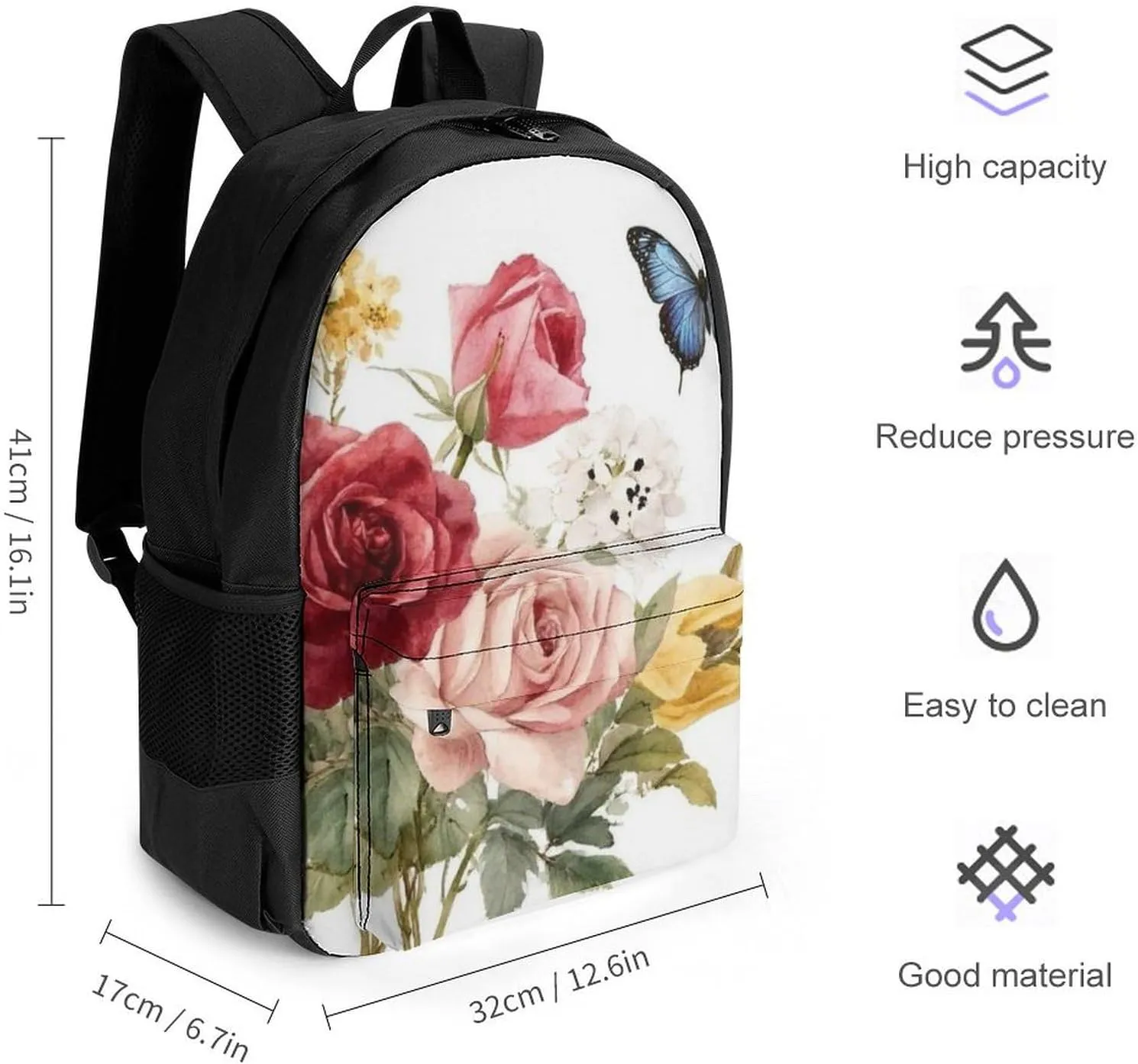 Men Women Polyester Flower Shabby Chic Roses Buds Leaves Tulips Floral Butterfly Daypack Big Capacity Shoulder Bag With Smooth Zippers for Hiking Work Walking Cycling