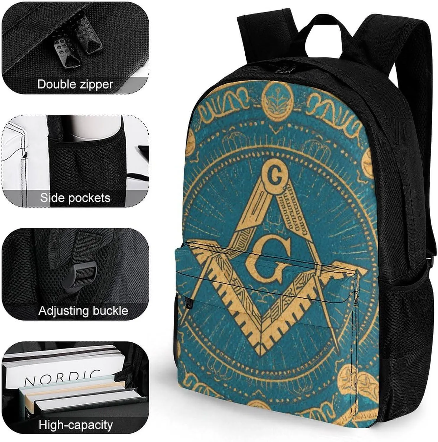 Men Women Polyester Gold Freemason Freemasonry Masonic Art Daypack Backpack Large Capacity Carry On Bag With Smooth Zippers for Hiking Picnic Walking Cycling