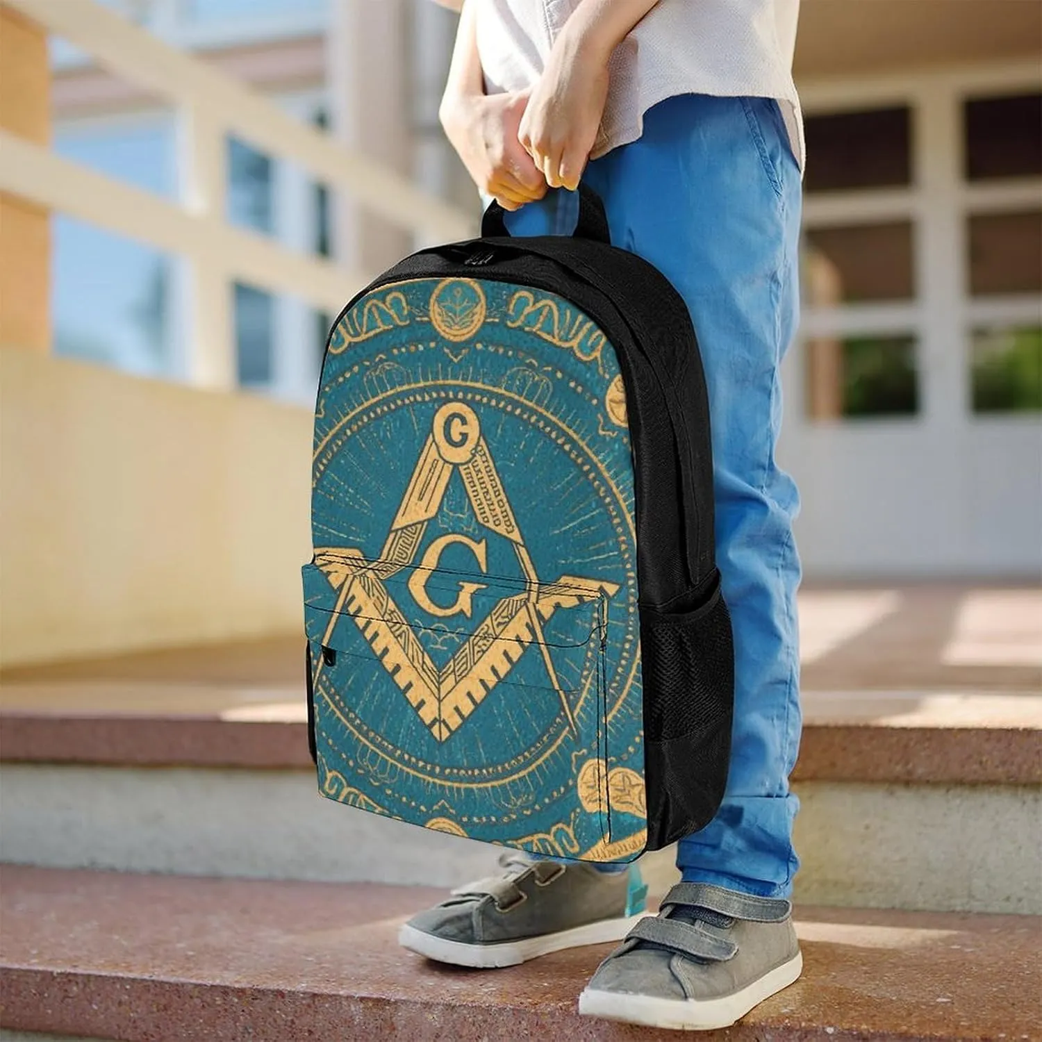 Men Women Polyester Gold Freemason Freemasonry Masonic Art Daypack Backpack Large Capacity Carry On Bag With Smooth Zippers for Hiking Picnic Walking Cycling
