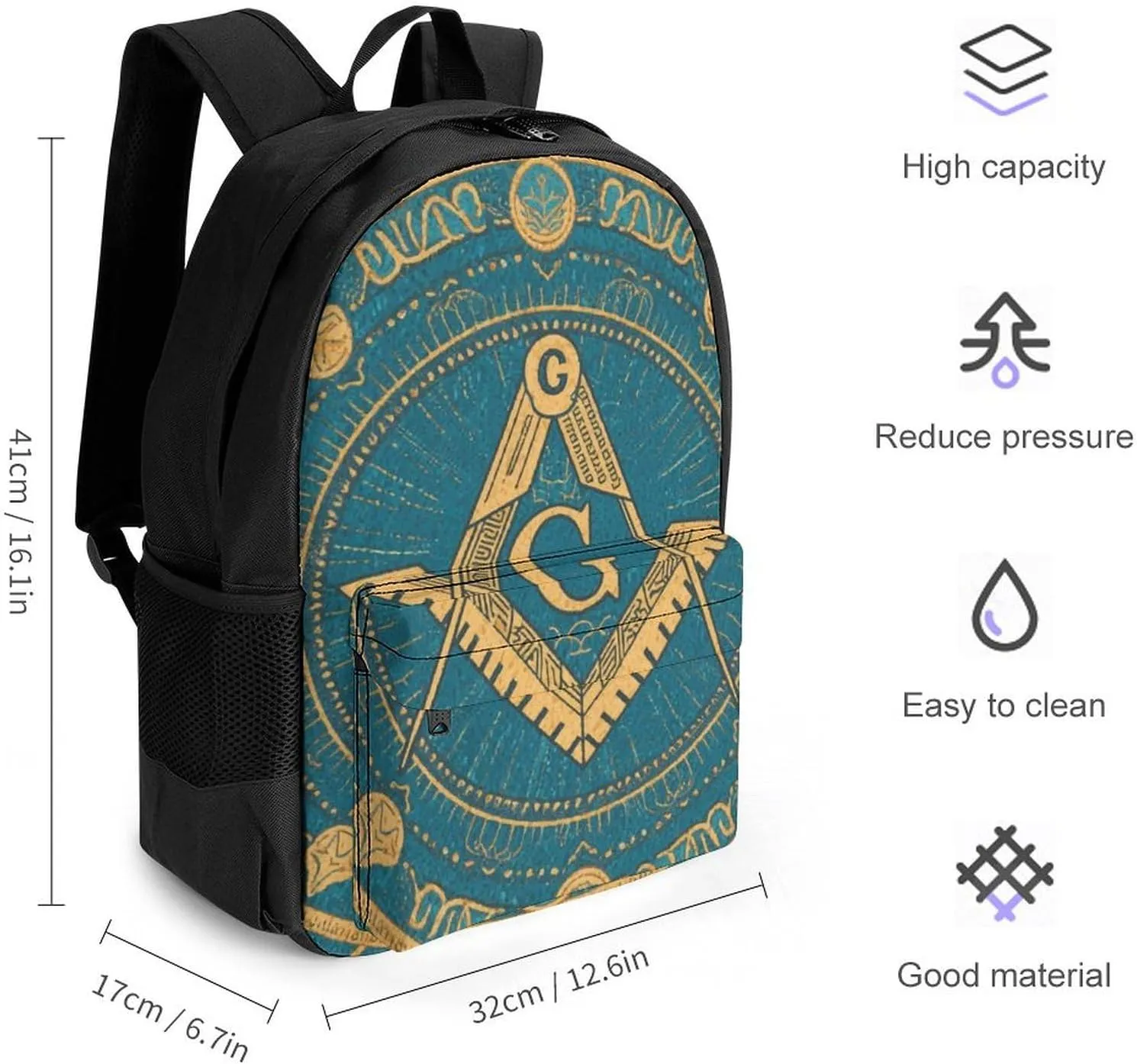 Men Women Polyester Gold Freemason Freemasonry Masonic Art Daypack Backpack Large Capacity Carry On Bag With Smooth Zippers for Hiking Picnic Walking Cycling
