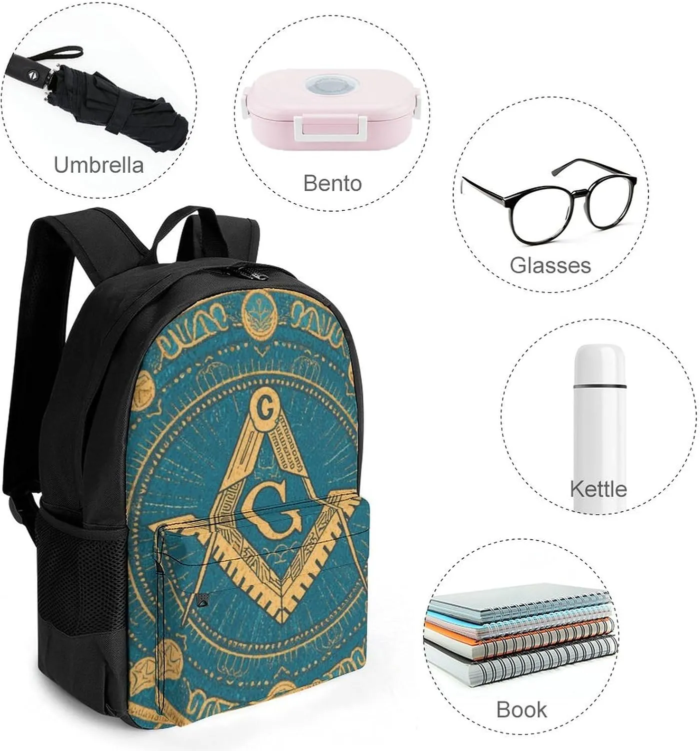 Men Women Polyester Gold Freemason Freemasonry Masonic Art Daypack Backpack Large Capacity Carry On Bag With Smooth Zippers for Hiking Picnic Walking Cycling